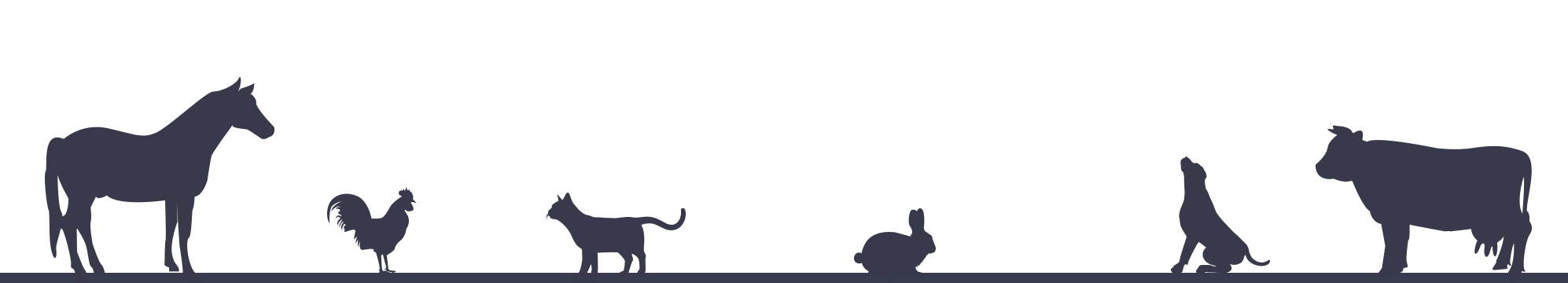 Silhouettes of a horse, cockerel, cat, rabbit, dog, and cow standing in a row on a plain background.