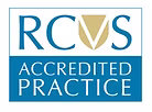 RCVS Accredited Practice logo with RCVS in large blue letters above a gold shield, and Accredited Practice in white text on a blue background below.