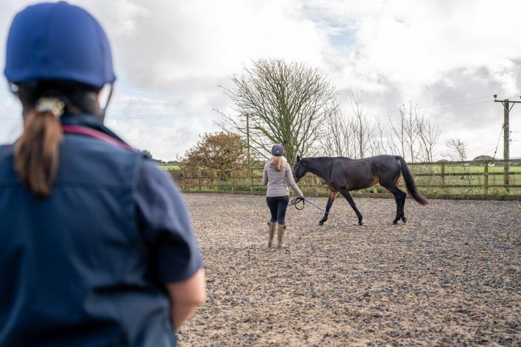 Rosevean Veterinary Practice - Equine (Web) 024 A person in boots leads a dark horse by a rope in an outdoor paddock, whilst another person in a blue helmet and vest observes from the foreground. Trees and a fence line the background under a cloudy sky.