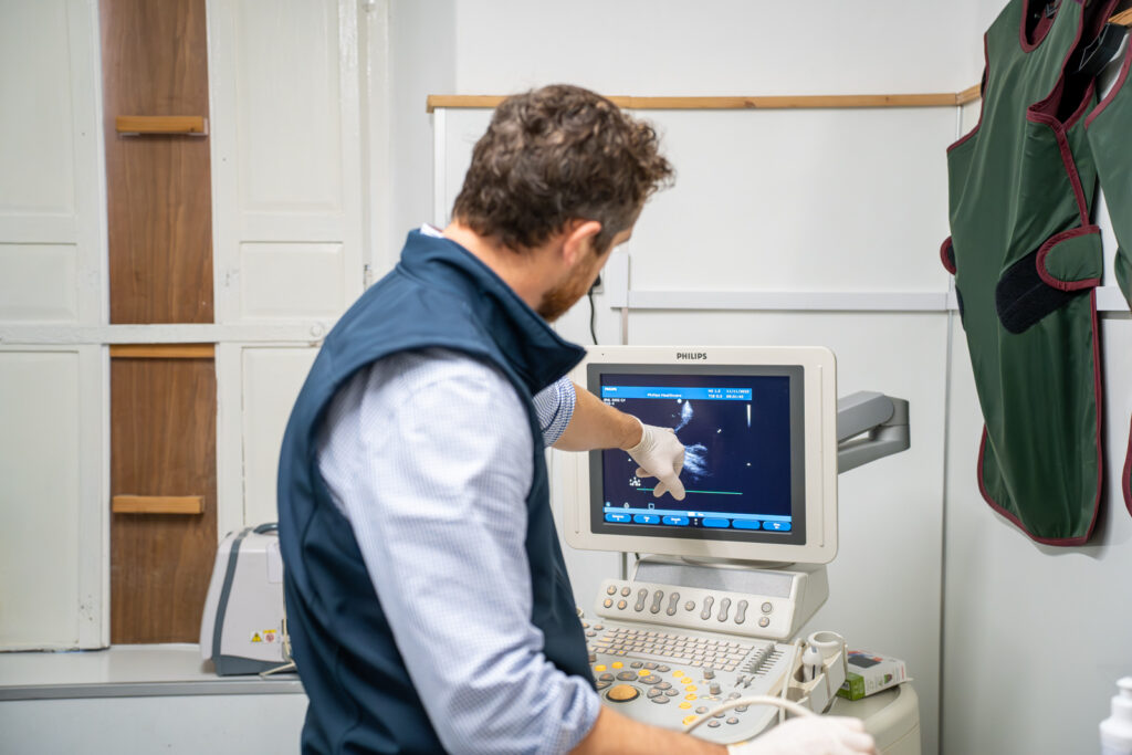 Rosevean Veterinary Practice - Small Animal (Web) 106 A person wearing gloves points at an ultrasound image on a medical monitor in a clinical setting. Protective vests hang on the wall nearby.