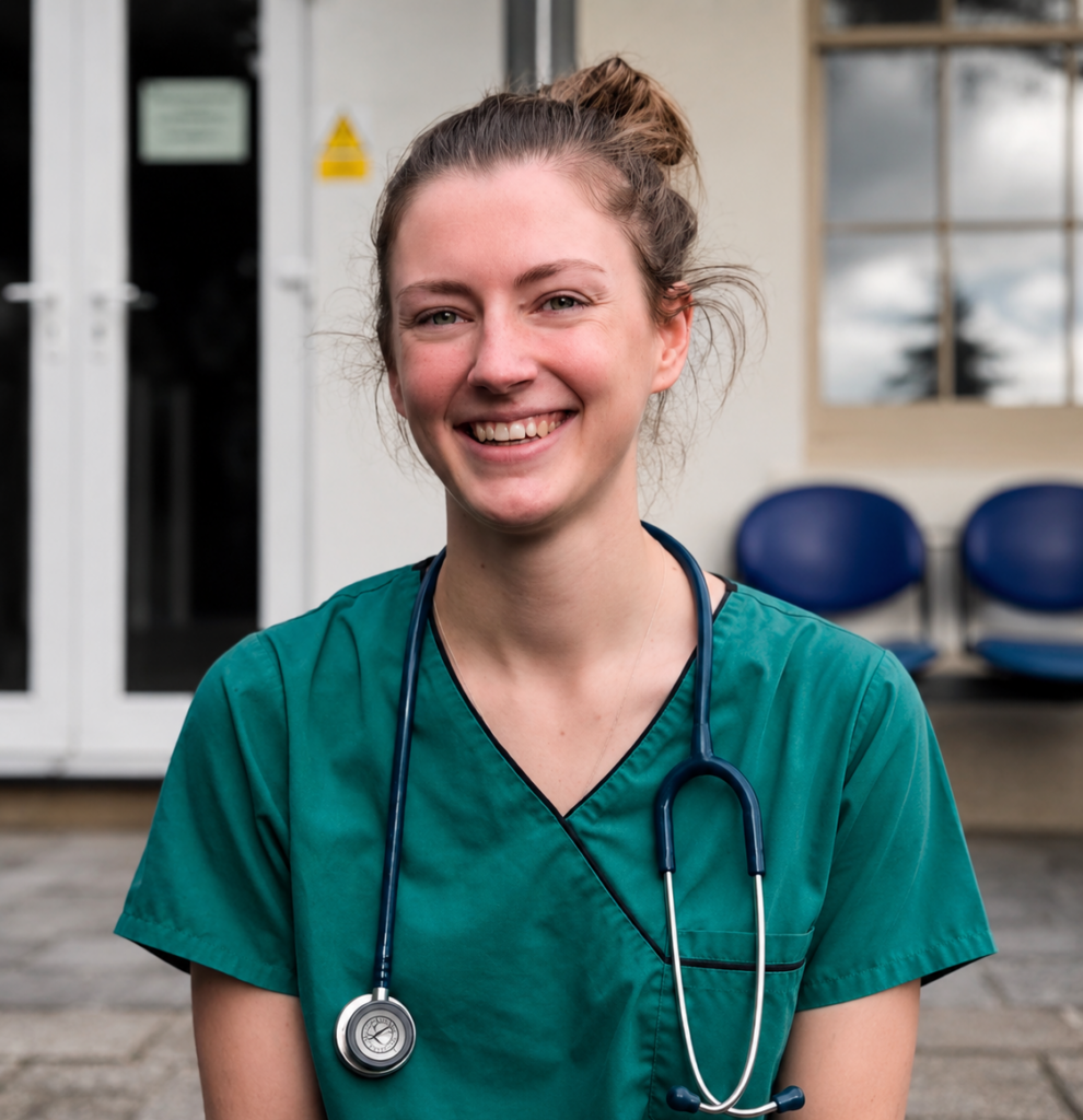 A smiling woman wearing green medical scrubs and a stethoscope sits outdoors in front of a building with glass doors and blue chairs—meet the team member dedicated to your care.